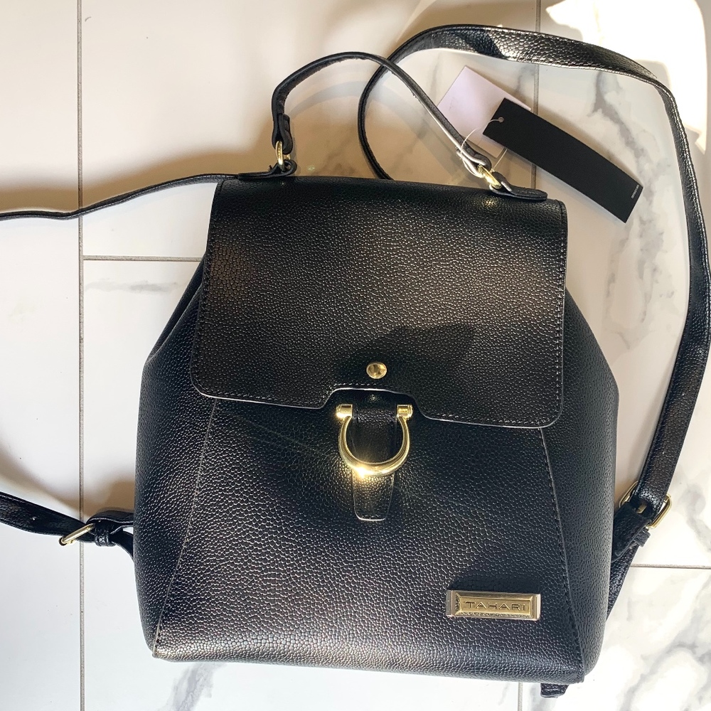 Tahari Black Backpack with Gold Accents